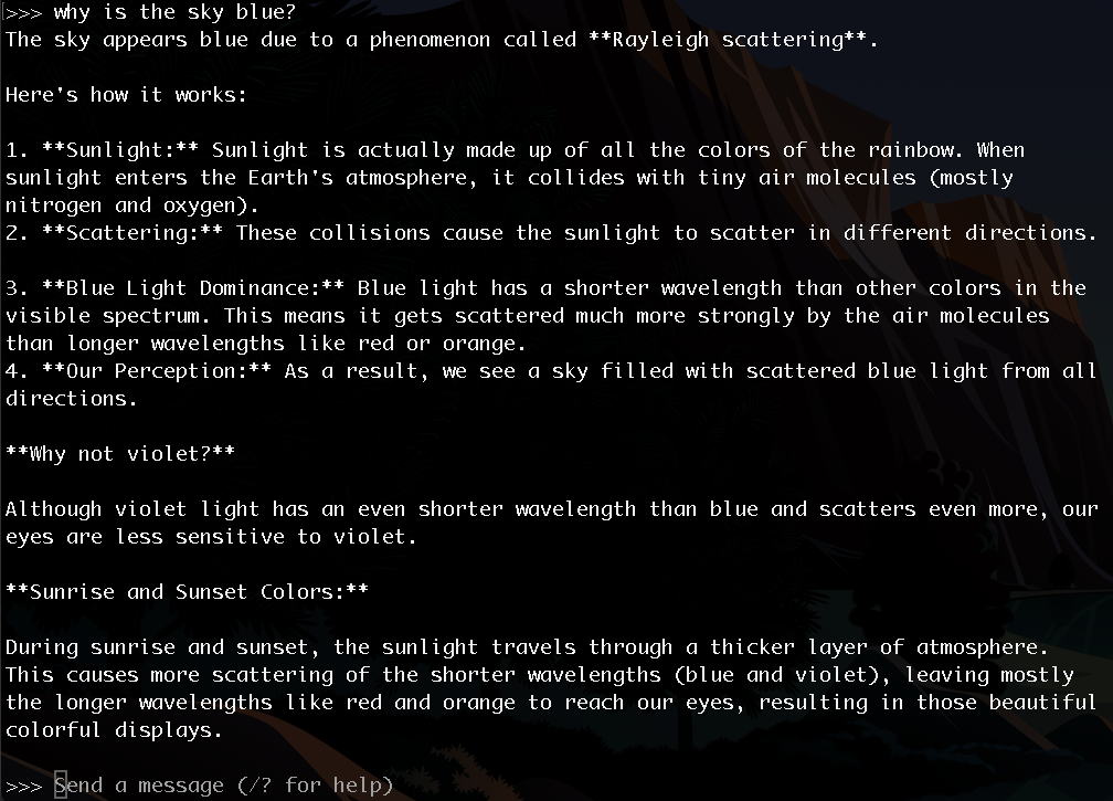 cli prompt with a question, why is the sky blue, and an ai response